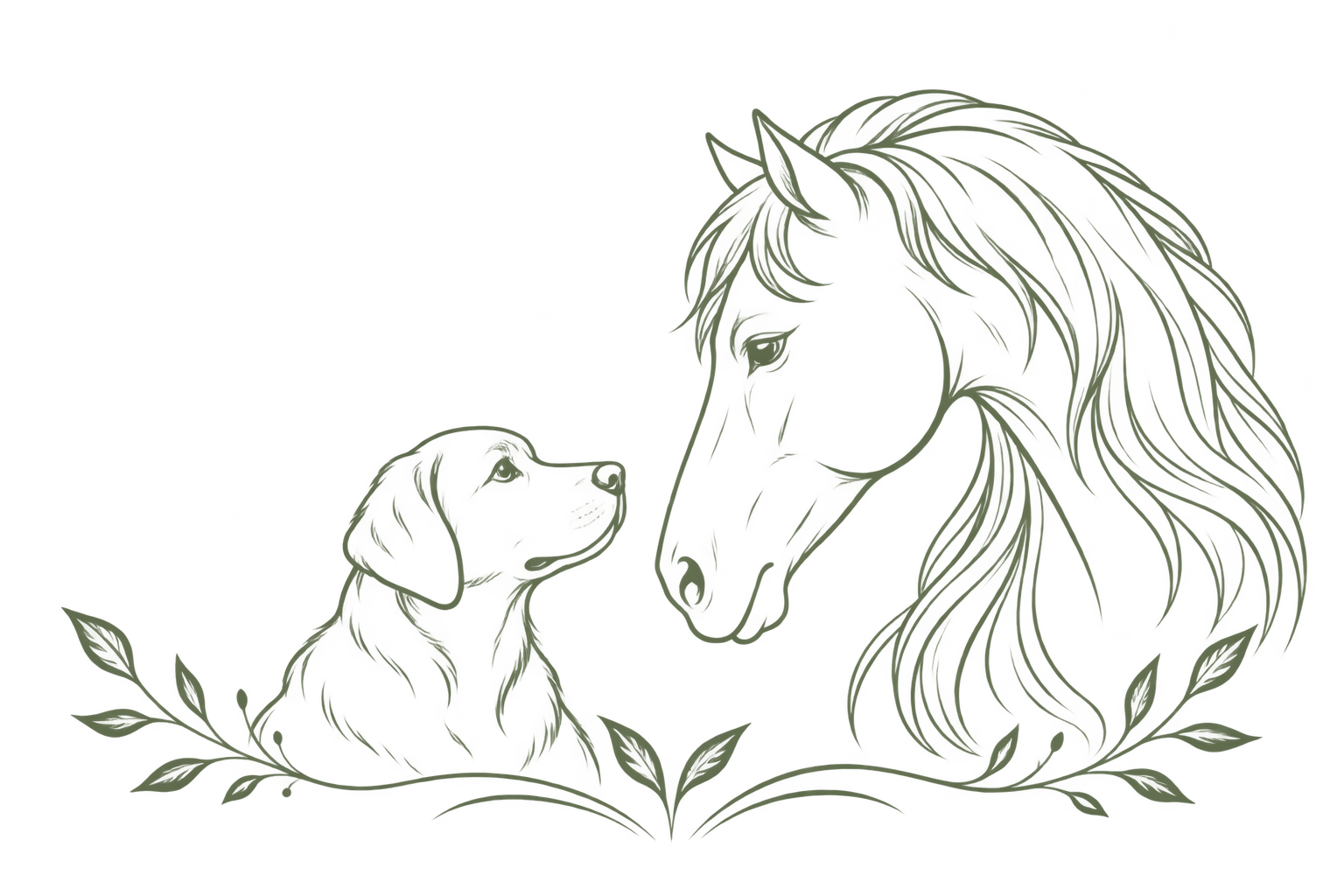 Hond en paard die elkaar aankijken
